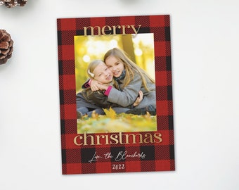 Plaid christmas card photo - Christmas photo card with plaid and gold foil look - custom christmas card - personalized holiday card