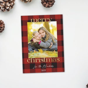 Geruite kerstkaartfoto - Kerstfotokaart met plaid en goudfolie-look - aangepaste kerstkaart - gepersonaliseerde kerstkaart