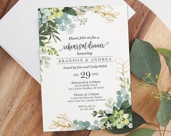 Eucalyptus Gold Rehearsal Dinner Invitation - Wedding Rehearsal Invitation with Greenery and Gold - Printable Wedding Rehearsal Invitation