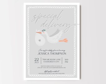 Stork Baby Shower Invitation - Gray Gender Neutral Baby Shower - Special Delivery Theme, Printable or Printed Cards