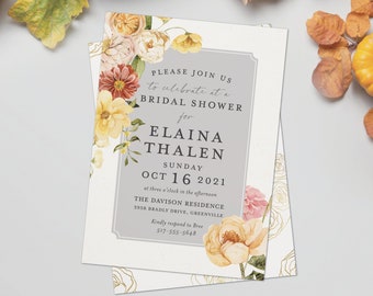 Fall Bridal Shower Invitation - Autumn Floral Invitation - Autumn Wedding Shower florals - Fall Wedding Shower Invite - Printable or printed