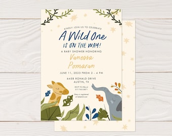 A Wild One Baby Shower Invite - Safari Theme Shower invitation with jungle animals for a baby boy