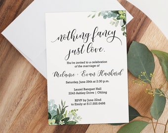 Nothing fancy, just love Wedding Invitation - Rustic greenery wedding reception invitation - Wedding Printable or printed cards