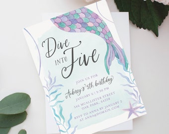 Dive into Five Mermaid Themed 5th Birthday Party Invitations: Printable or Printed Cards, Mermaid Tail, Under the Sea Party. Purple and Aqua