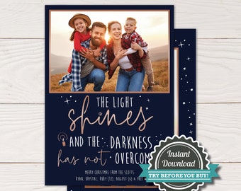DIY Light Shines in the Darkness Christmas card, Bible Verse Christmas card, John 1:5, Editable with Corjl