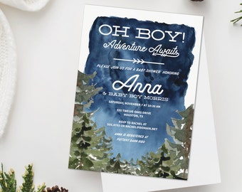 Advenuture Awaits baby shower invite, Oh Boy baby shower invitation, mountains and woodlands