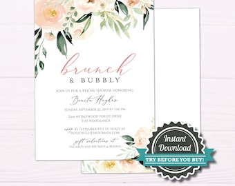 Blush pink Bridal Shower Invitation template - brunch and bubbly floral Bridal Shower Brunch, Champagne Brunch, Corjl Instant download