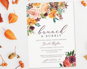 Fall Brunch & Bubbly Bridal Shower Invitation - Autumn Bridal Shower Brunch, Champagne Brunch, Fall florals