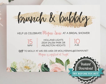 May include: A bridal shower invitation featuring the text "brunch & bubbly" in black script over a gold glitter design. The invitation includes event details, floral accents, and a "Try Before You Buy!" seal.