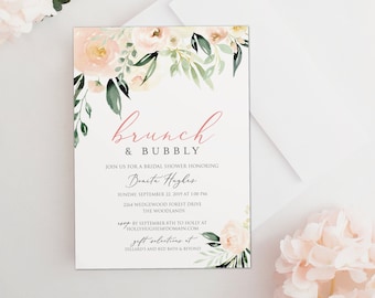 Blush Pink Brunch & Bubbly Bridal Shower Invitation - blush Bridal Shower Brunch, Champagne Brunch, Pinks and greens