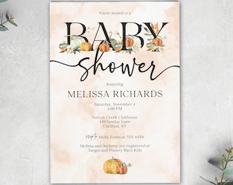 Pumpkin Baby Shower Invitation, Little Pumpkin Baby Shower, Fall Baby Shower Invite, Autumn Shower, Printed or Printable