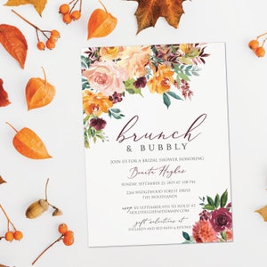 Fall Brunch & Bubbly Bridal Shower Invitation - Autumn Bridal Shower Brunch, Champagne Brunch, Fall florals