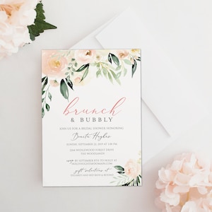 Blush Pink Brunch & Bubbly Bridal Shower Invitation - blush Bridal Shower Brunch, Champagne Brunch, Pinks and greens