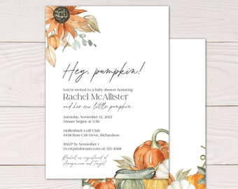 Pumpkin baby shower invitation, little pumpkin shower, fall baby shower with leaves, pumpkin shower invitation, baby shower printable