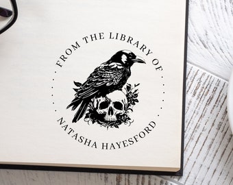 Raven & Skull Library Stamp: Vintage-Inspired Bookplate Imprint - Gothic - Macabre Book Stamp - Horror Fiction