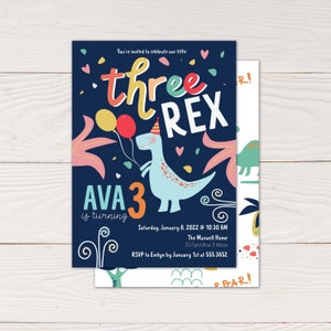 Dinosaur Birthday Invitation, Three Rex Birthday Party, 3rd Birthday Girl Party, Prehistoric Party