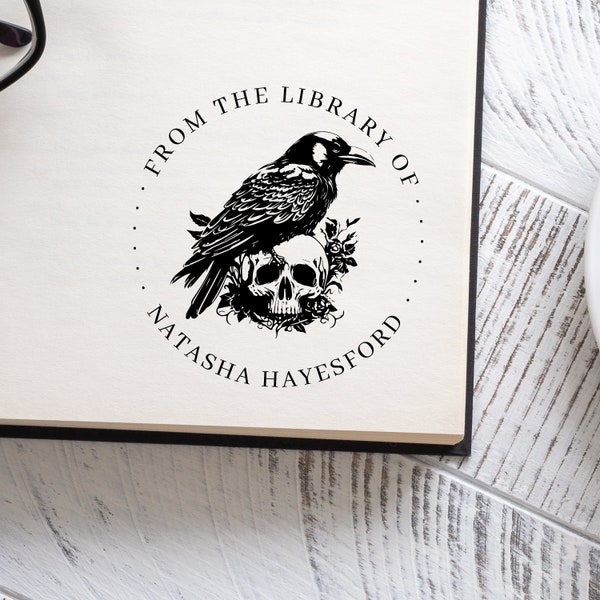 Raven & Skull Library Stamp: Vintage-Inspired Bookplate Imprint - Gothic - Macabre Book Stamp - Horror Fiction