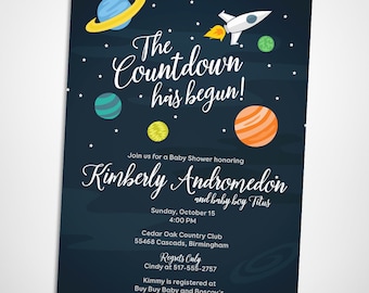 outer space baby shower invitation starry skies planets and rocket ship