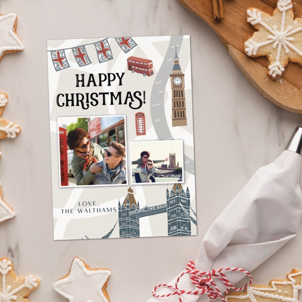 London Holiday Card with photos - England vacation Christmas Card - Happy Christmas printable and printed cards