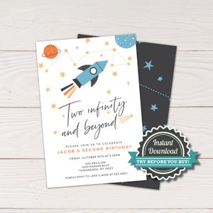 Space birthday party invitation, Two infinity and beyond birthday party invite, 2nd birthday party invitation, DIY Instant download, Corjl