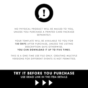 May include: A black and white graphic with text. The text includes information about digital product availability, usage, and a call to "TRY IT BEFORE YOU PURCHASE." An exclamation point is inside a black circle.