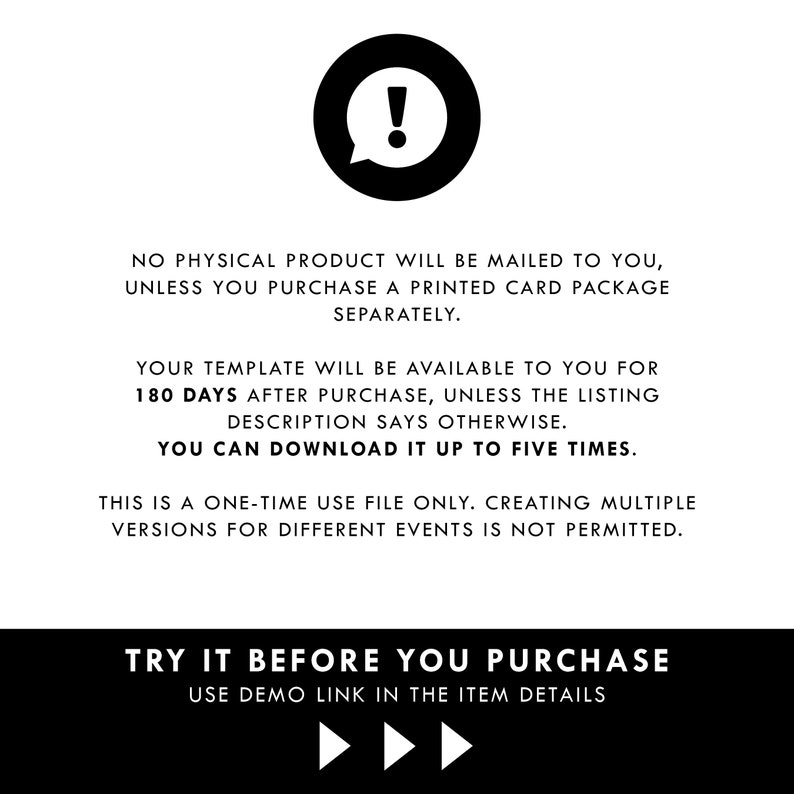 May include: A black and white graphic with text. The text includes information about digital product availability, usage, and a call to "TRY IT BEFORE YOU PURCHASE." An exclamation point is inside a black circle.
