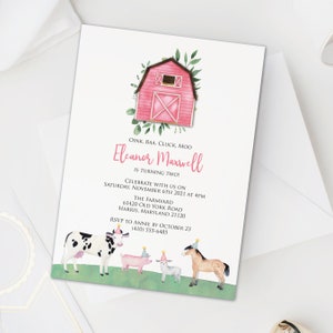 Pink Barn birthday invitation, Girl farm birthday party, animals with party hats party invitation, printable or printed cards