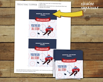 Hockey Valentine's Day treat bag topper - printable hockey valentine treat - editable pdf - instant download