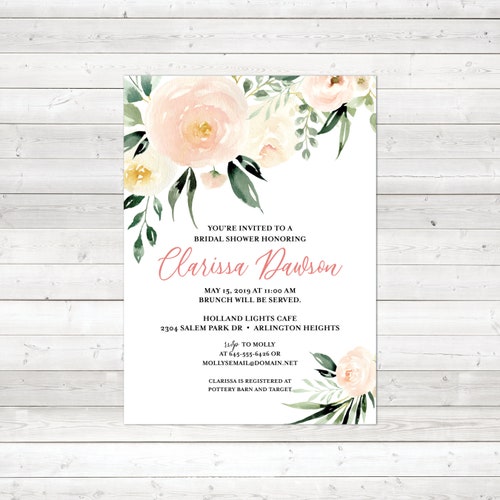 Blush Pink Bridal Shower Invitation Blush Pink and Greens Etsy