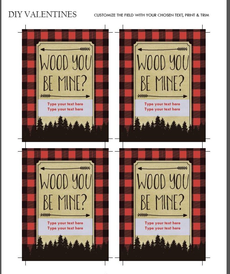 Lumberjack valentine cards printable featuring buffalo plaid, wood you be mine valentines are editable pdf files and instant downloads image 4