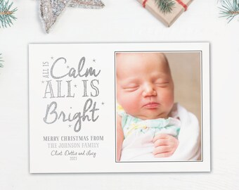 Christmas Card Christmas Birth Announcement, All is Calm All is Bright, First Christmas Card, Printable Card, free overnight shipping