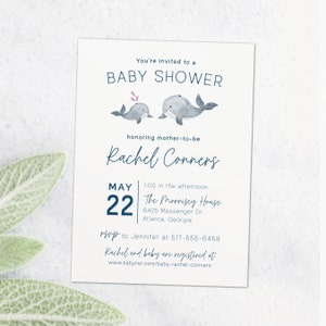 Whale baby shower invitation, Ocean themed baby shower invite, Baby whale baby shower 画像 1