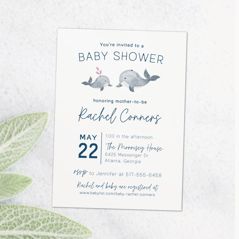Whale baby shower invitation Ocean themed baby shower invite Baby whale baby shower