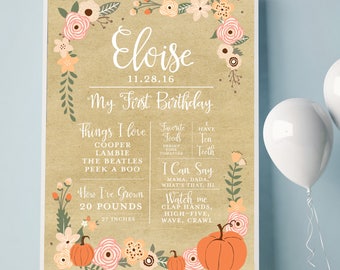 First birthday milestone poster - pumpkin birthday party decor - first birthday stats, peach and coral pumpkin printable poster