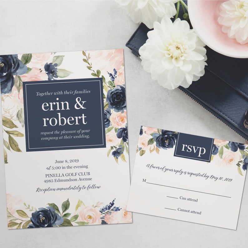 Blush pink and navy blue wedding Invitations blush and navy wedding stationery printable files or printed image 2
