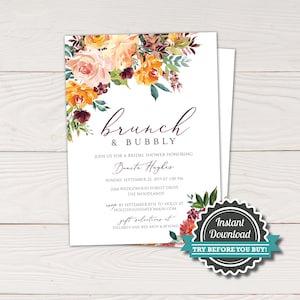 May include: White invitation card with floral watercolor design in orange, yellow, and burgundy. The text reads "brunch & bubbly" and invites guests to a bridal shower honoring Bonita Hughes. Includes "Instant Download" seal.