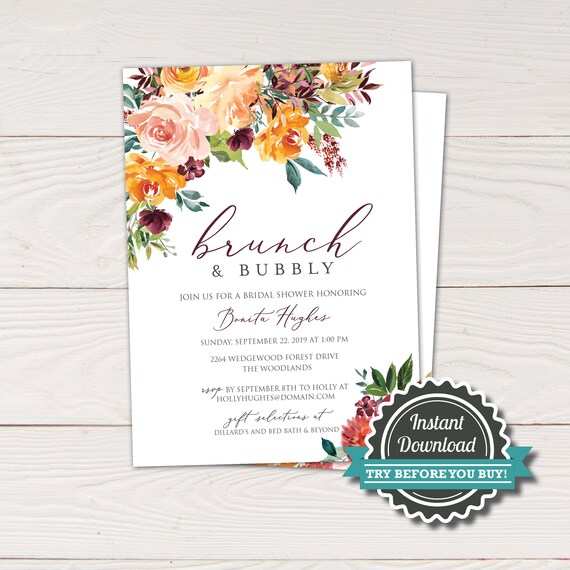 Fall Brunch Bridal Shower Invitation template - brunch and bubbly fall Bridal Shower Brunch, Autumn Wedding Brunch, Corjl Instant download