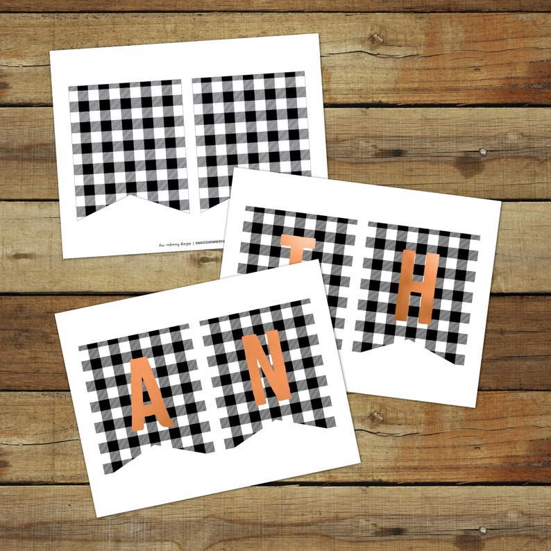 Peut inclure: Banni&egrave;re imprimable en plaid buffalo noir et blanc avec le mot "THANK" en lettres cuivr&eacute;es. La banni&egrave;re est parfaite pour une f&ecirc;te de Thanksgiving ou une d&eacute;coration d'automne.