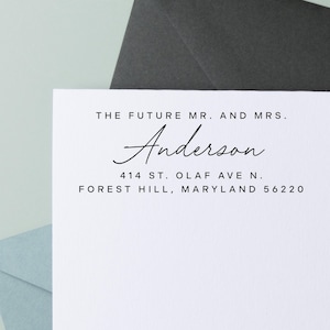 Timbro "Future Mr. and Mrs.", timbro personalizzato per matrimonio, timbro moderno con indirizzo personalizzato per inviti di nozze e Save the Date.