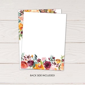 May include: Two white cards with floral watercolor designs. The top and bottom edges of the cards feature a border of orange, burgundy, and pink flowers with green leaves. The text "BACK SIDE INCLUDED!" is printed at the bottom.