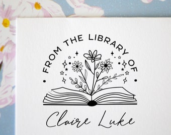 Floral Book Stamp - Personalized Ex Libris, Flower Library Rubber Stamp, Self-Inking, Christmas Gift for Her