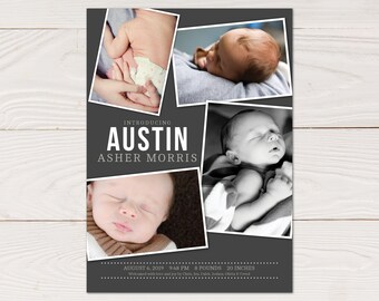 Baby Boy Birth announcement, Baby announcement for baby boy, Custom baby announcment photo card, newborn photo collage