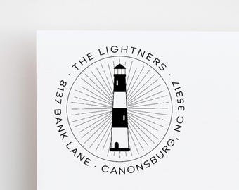 Modern Lighthouse Return Address Stamp - Perfect for Housewarming gift - Personalized Nautical Stamp - Self-Ink or Traditional Wood