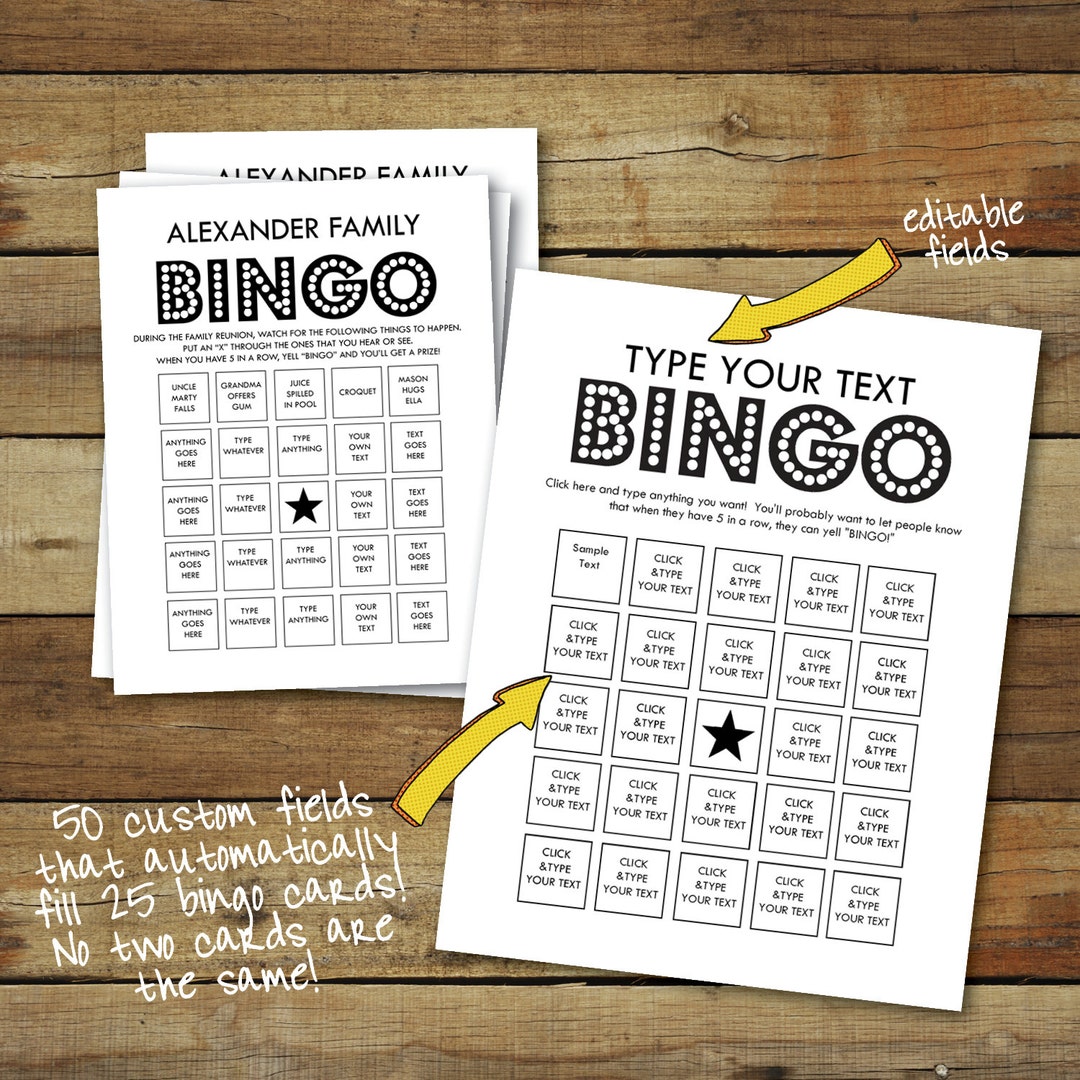 Bingo Cards Custom Text Download Your Type Automatically Cards Fill Game Own 25 Instant Bingo Pdf Bingo Unique - Cards Etsy Cards Bingo