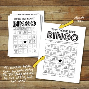 Bingo Cards - Custom Bingo Cards - type your own text - cards fill automatically - 25 unique bingo cards - instant download pdf - bingo game