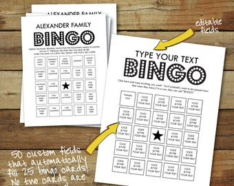 Bingo Cards - Custom Bingo Cards - type your own text - cards fill automatically - 25 unique bingo cards - instant download pdf - bingo game