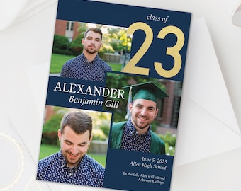 Male Graduation Announcement Card, custom colors, graduation Party Invitation for boys, 2023 Graduation Modern Photo Grad Party Invite