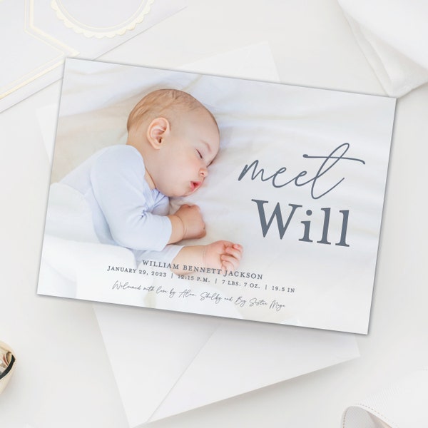 Meet Baby birth Announcement, cute newborn photo card, custom birth announcement