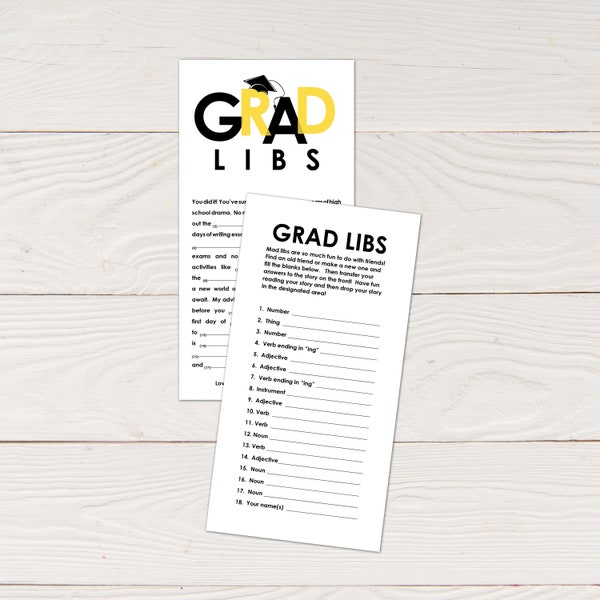 Grad Libs - Cartes de conseils pour l'obtention du diplôme mad lib en noir et jaune, imprimables en téléchargement immédiat, pdf modifiable