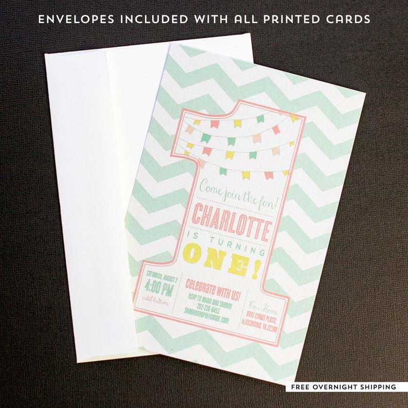 May include: A birthday invitation with a mint green chevron pattern and a large number one. The invitation reads "Come join the fun! Charlotte is turning ONE!" and includes event details. A white envelope is included.